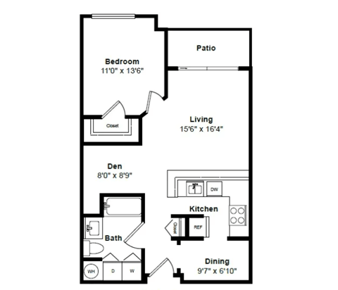 Floor plan for 1 bed, 1 bath, 825 sqft